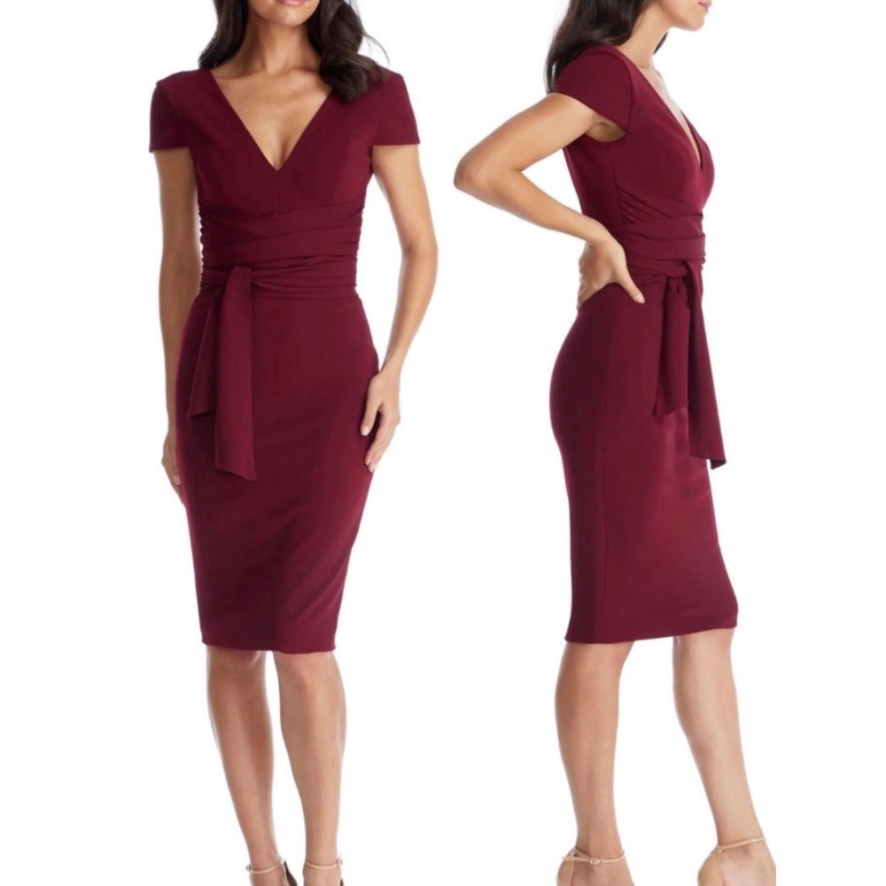 Dress The Population Burgundy V-Neck Cap Sleeve Tie Waist Sheath Dress XL